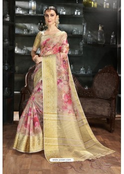 Gold And Pink Art Silk Designer Digital Printed Saree