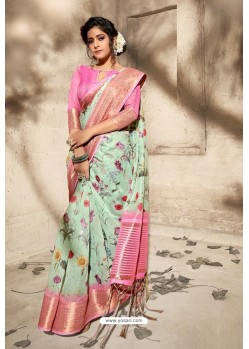 Sea Green Art Silk Designer Digital Printed Saree