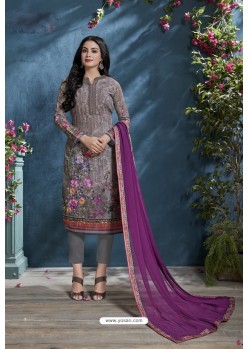 Dull Grey Cotton Lawn Printed Straight Suit