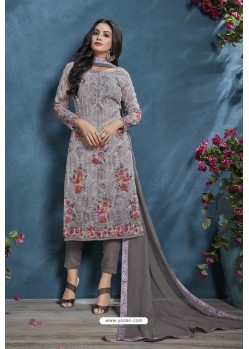 Grey Cotton Lawn Printed Straight Suit
