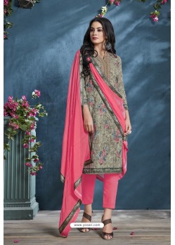 Mehendi And Pink Cotton Lawn Printed Straight Suit