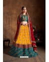 Yellow And Teal Banarasi Silk Sequins Embroidered Designer Lehenga Choli