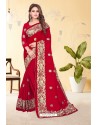 Red Rangoli Zari Embroidered Party Wear Saree