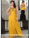 Yellow Lycra Sequins Work Floor Length Gown