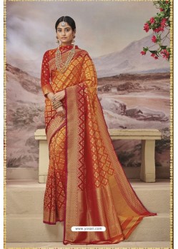 Red And Orange Weaving Silk Jacquard Work Designer Saree
