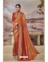 Red And Orange Weaving Silk Jacquard Work Designer Saree