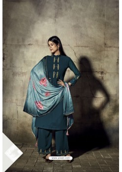 Teal Blue Georgette Moti Worked And Embroidered Straight Suit