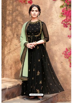 Black Faux Georgette Heavy Embroidered Floor Length Suit
