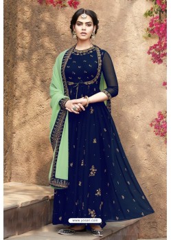 Royal Blue Faux Georgette Heavy Embroidered Floor Length Suit