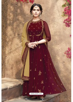 Maroon Faux Georgette Heavy Embroidered Floor Length Suit