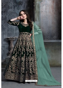 Dark Green Velvet Heavy Zari Worked Designer Anarkali Suit