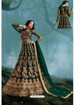 Dark Green Net Embroidered And Stone Worked Anarkali Suit