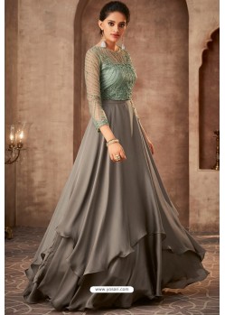 Grey And Green Silk Georgette Embroidered Floor Length Suits