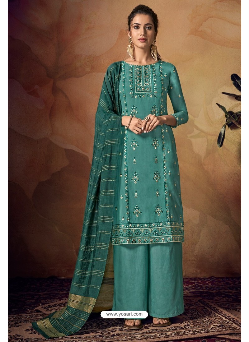 Buy Turquoise Viscose Banarasi Palazzo Suit | Palazzo Salwar Suits