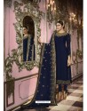 Navy Blue Faux Georgette Embroidered Straight Suit