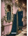 Teal Blue Faux Georgette Embroidered Straight Suit