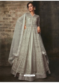 Grayish Green Net And Art Silk Designer Anarkali Suit