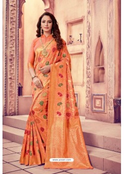 Orange Silk Zari Printed Saree