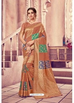Light Brown Silk Zari Printed Saree
