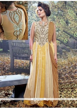 Blooming Cream And Brown Net Brasso Designer Gown