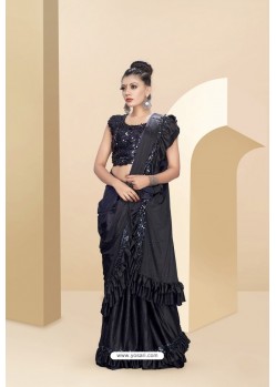 Black Lycra Thread And Moti Worked Saree