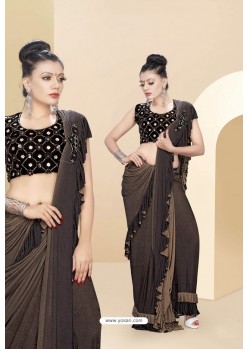 Brown Lycra Thread And Moti Worked Saree
