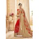 Beige And Red Faux Georgette Net Heavy Embroidered Bridal Saree
