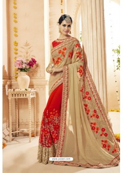Beige And Red Faux Georgette Net Heavy Embroidered Bridal Saree