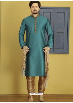 Teal Silk Embroidered Kurta Pajama