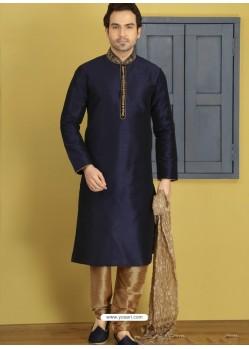 Navy Blue Silk Embroidered Kurta Pajama