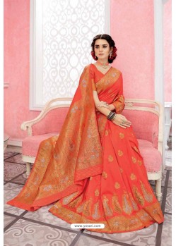 Light Red Patola Silk Jacquard Worked Party Wear Saree