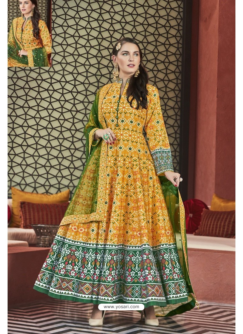 Buy Yellow Heavy Pure Killer Silk Patola Printed Designer Anarkali Suit ...