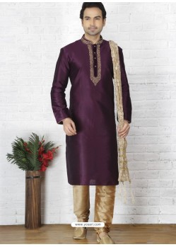 Deep Wine Silk Embroidered Kurta Pajama