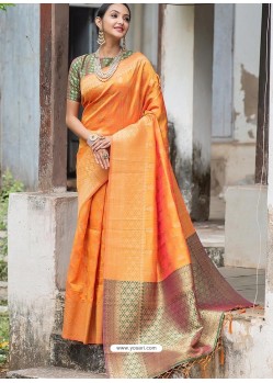 Orange Banglori Raw Silk Zari Worked Designer Saree