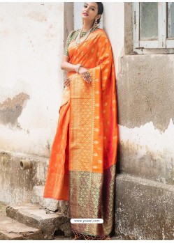 Ravishing Orange Banglori Raw Silk Zari Worked Designer Saree