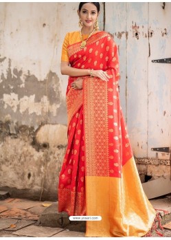 Tremendous Red Banglori Raw Silk Zari Worked Designer Saree