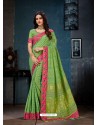 Green Linen Cotton Banarasi Silk Designer Saree