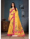 Yellow Linen Cotton Banarasi Silk Designer Saree