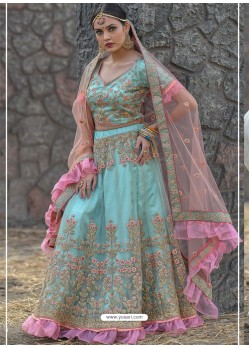 Aqua Blue Butterfly Net Stone Worked Designer Lehenga Choli