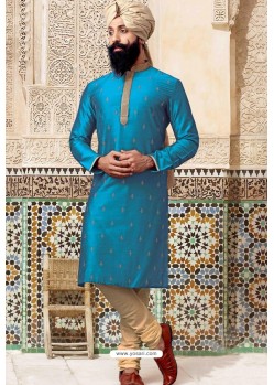 Turquoise Poly Silk Embroidered Kurta Pajama