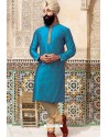 Turquoise Poly Silk Embroidered Kurta Pajama