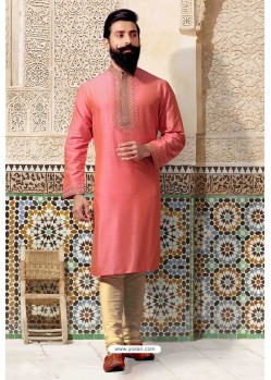 Dark Peach Slub Silk Kurta Pajama