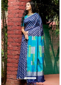 Navy Blue Linen Silk Weaving Printed Saree