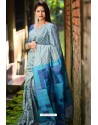 Grey Linen Silk Weaving Printed Saree