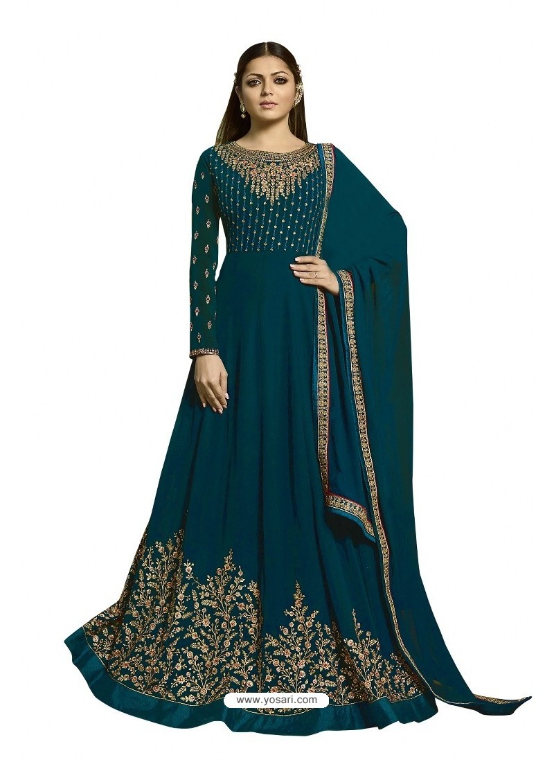 Buy Teal Blue Faux Georgette Embroidered Party Wear Suit | Anarkali Suits