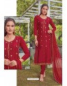 Red Chanderi Handworked Churidar Suit