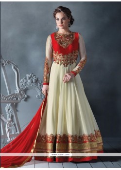 Prodigious Red And Off White Faux Georgette Floor Length Anarkali Salwar Suit