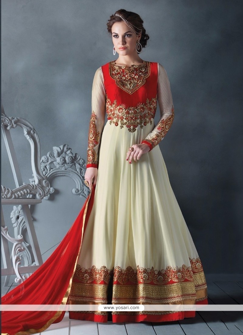 Prodigious Red And Off White Faux Georgette Floor Length Anarkali Salwar Suit