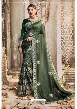 Dark Green Chanderi Silk Zari Embroidered Designer Saree