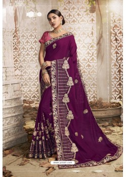 Purple Chanderi Silk Zari Embroidered Designer Saree